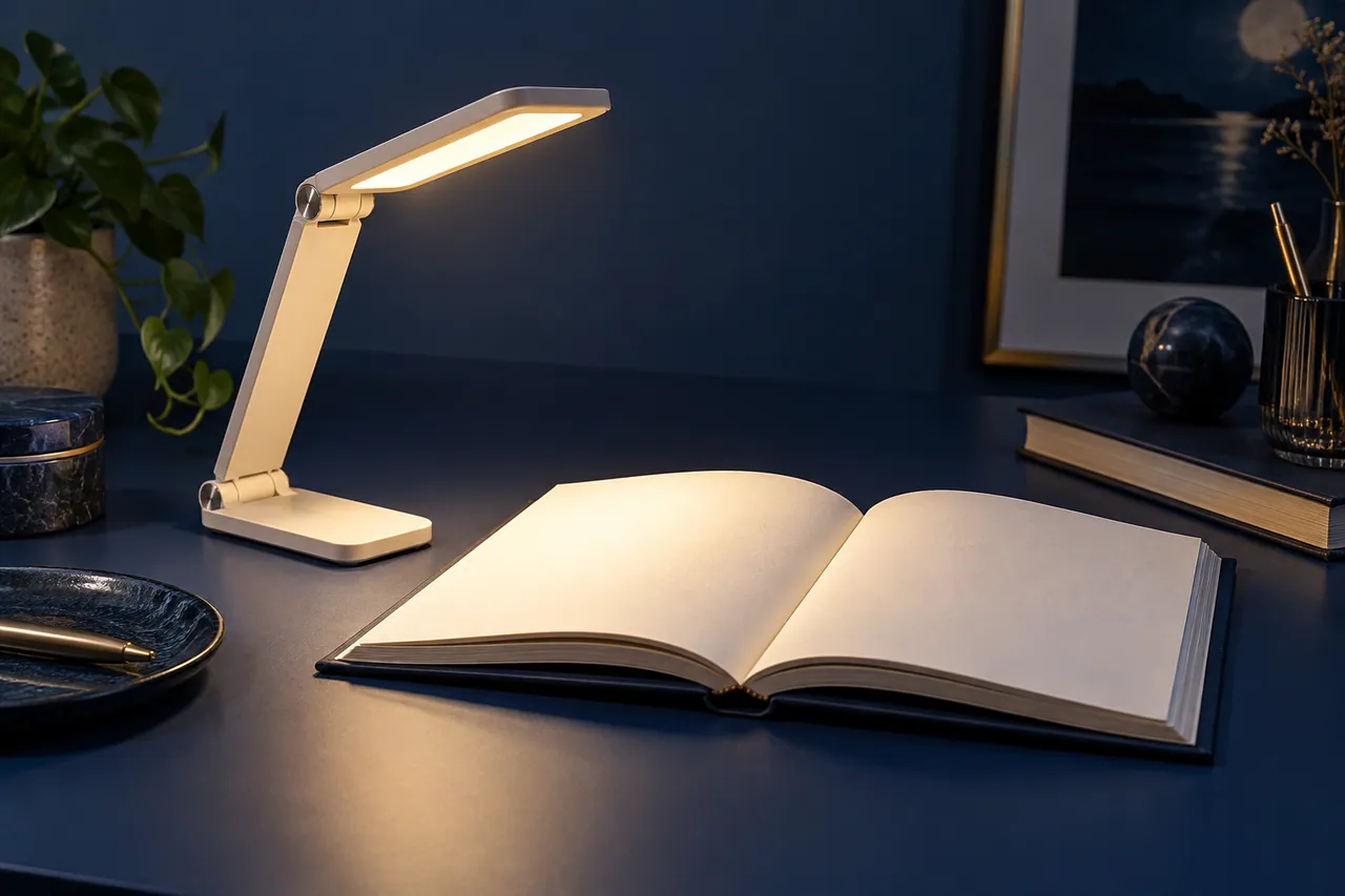 A compact foldable warm-white reading lamp standing beside an open blank book on a midnight-blue desk.