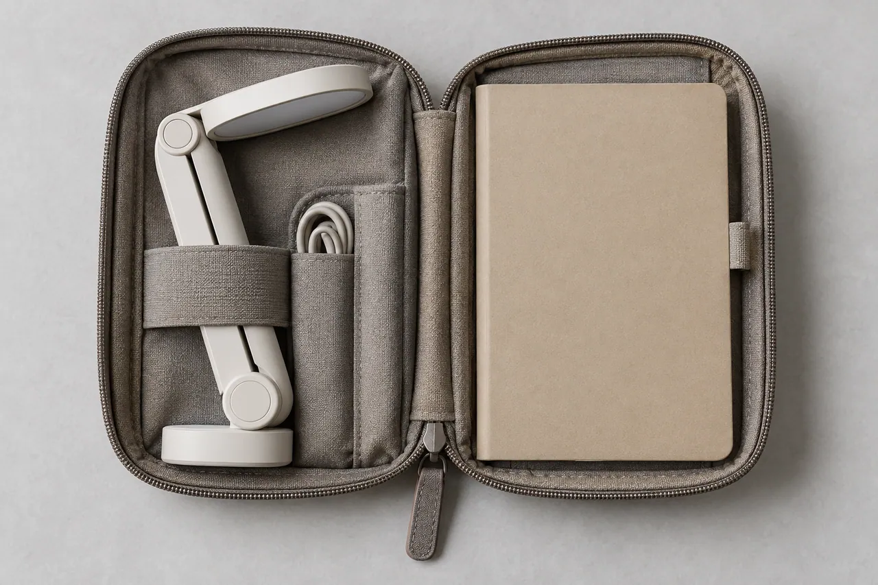 A folded compact reading lamp tucked next to a closed plain notebook in an open fabric travel case.